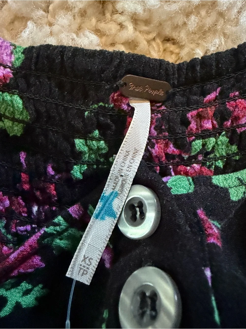 Free People Black Floral Button-Front Scoop Neck Top